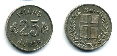 Исландия 25 эйре 1946 KM 11 медно-никель 46-2431