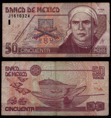 Мексика 50 песо 2002 Море́лос Хосе Мария, штат Мичоакан, бабочки Pick 117 b(1) бумага 8604-23-2-1