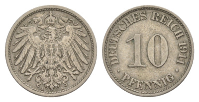 Германия 10 пфеннигов 1911 A, Вильгельм II (1888-1918) KM 12, J. 13 медно-никель 4644-1211