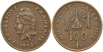 Французская Новая Каледония 100 франков 1992 хижина среди сосен и пальм, (IEOM) KM 15, Schoen 16, Lec 137 никель бронза 88-1013
