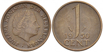 Нидерланды 1 цент 1950 Юлиана (1948-1980) KM 180 бронза 3457-1141