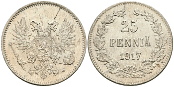 Россия для Финляндии 25 пенни 1917 S, временное правительство, без короны KM 19, Биткин 2 серебро aUNC 4580-1238