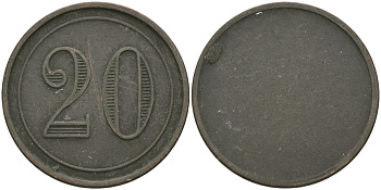 ФРАНЦИЯ 20 САНТИМОВ ND ПЛАТЕЖНЫЙ ЖЕТОН НАЧАЛА XX ВЕКА, ЦИФРЫ НОМИНАЛА 11 ММ.,ОДНОСТОРОННИЙ ЧЕКАН, ДИАМЕТР 23 ММ. медь 98-952