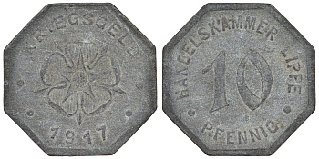 Германия, торговая палата Липпе 10 пфеннигов 1917 Северный Рейн-Вестфалия, нотгельд Funck 299.2A цинк 4119-1213
