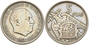 Испания 5 песет 1957 (62) Франсиско Франко (1939-1975) KM 786 медно-никель    4143-214