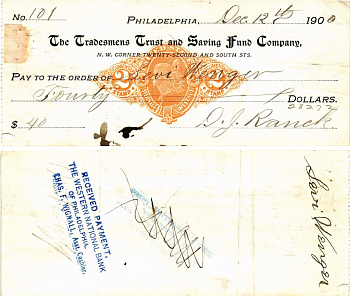 США чек на 40 долларов 1900 Филадельфия бумага 3295-69-1-2