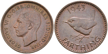 Великобритания 1 фартинг 1943 Георг VI (1936-1952) KM 843, Spink 4116 бронза 4584-151