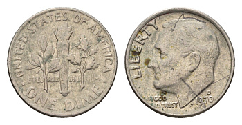 США 10 центов (дайм) 1970 D, Рузвельт KM 195a медь плакированная медно-никелем 4674-541