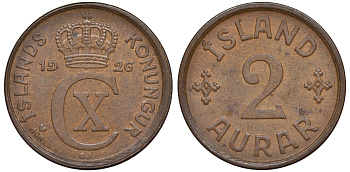 Исландия 2 эйре 1926 HCN GJ, Кристиан X (1912-1944) KM 6.1 бронза 4588-433