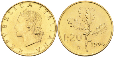 Италия 20 лир 1994 R, дубовый лист KM 97.2 алюминиевая бронза  UNC  4594-862