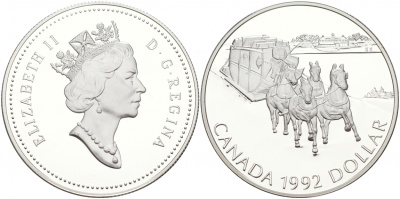 Канада 1 доллар 1992 зимний дилижанс КМ 210 серебро PROOF 02-015-11