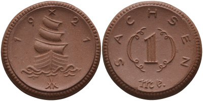 Саксония 1 марка 1921 парусник J. N 55 фарфор 1094-4-13