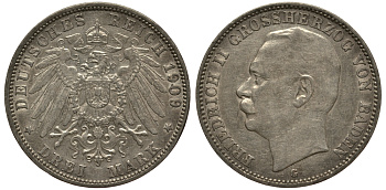 Баден 3 марки 1909 Фридрих II (1907-1918) J. 39, KM 280 серебро    3711-1632