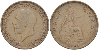Великобритания 1/2 пенни 1929 Георг V (1910-1936) KM 837, Spink 4058 бронза 4513-652