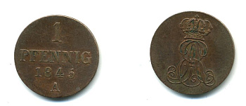 Ганновер 1 пфенниг 1845 A, Эрнст Август (1837-1851) KM 173.1, AKS 126, J. 54 медь 35-755