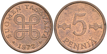 ФИНЛЯНДИЯ 5 ПЕННИ 1972 KM 45 медь 4549-968