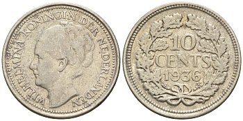 Нидерланды 10 центов 1936 Вильгельмина I (1890-1948) КМ 163 серебро  4160-1237