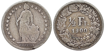 ШВЕЙЦАРИЯ 1/2 ФРАНКА 1900 KM 23 серебро 4178-163