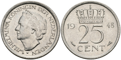 НИДЕРЛАНДЫ 25 ЦЕНТОВ 1948 ВИЛЬГЕЛЬМИНА KM 178 никель 176-851