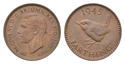 Великобритания 1 фартинг 1945 Георг VI (1936-1952) KM 843, Spink 4116 бронза 4664-349