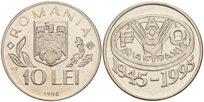 Румыния 10 леев 1995 50 лет FAO KM 117.1 сталь плакированная никелем UNC M4-08