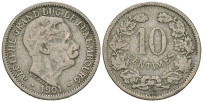 Люксембург 10 сантимов 1901 Адольф (1890-1905) KM 25 никель 4615-516
