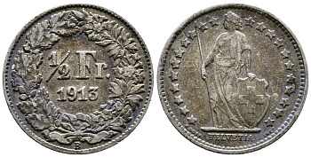 ШВЕЙЦАРИЯ 1/2 ФРАНКА 1913 В KM 23 серебро 46-851