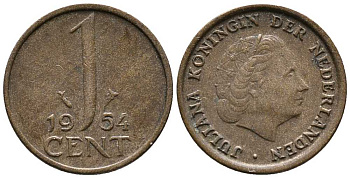 Нидерланды 1 цент 1954 Юлиана (1949-1980) KM 180 бронза 39-1257