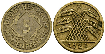 Германия 5 рентенпфеннигов 1924 A KM 32 алюминиевая бронза 4173-1145