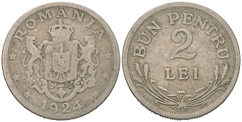 Румыния 2 лея 1924 Фердинанд I (1914-1927) KM 47 медно-никель 4616-843