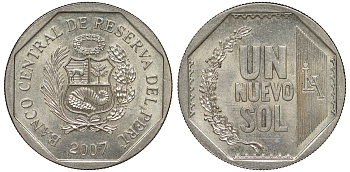 Перу 1 новый соль 2007 KM 308.4 медно-никель UNC 4605-233