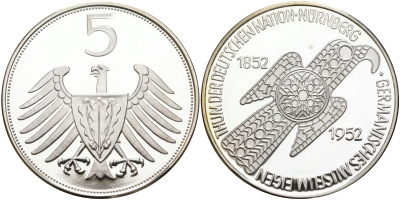 Германия медаль ND 5 марок 1952 года, 100 лет Германскому музею в Нюрнберге, серебрение медно-никель PROOF 06-282-25