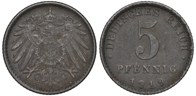 ГЕРМАНИЯ 5 ПФЕННИГОВ 1919 A KM 19, J. 297 железо 45-1163