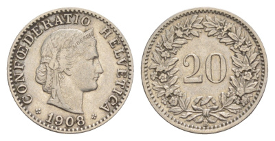 Швейцария 20 раппенов 1908 B KM 29 никель 4643-346