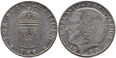 Швеция 1 крона 1989 Карл XVI Густав (1973- ) KM 852a медно-никель 4398-1156