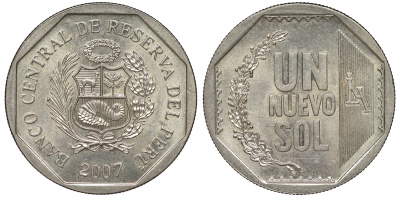Перу 1 новый соль 2007 KM 308.4 медно-никель UNC 4605-233