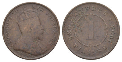 Кипр 1 пиастр 1908 Эдуард VII (1901-1910), год-тип KM 12 бронза 00-801-35
