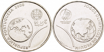 Португалия 2 1/2 евро 2008 XXIX Летние Олимпийские игры 2008 года в Пекине, земной шар KM 790 медно-никель UNC 04-092-21