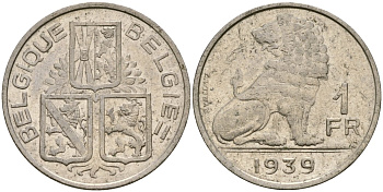 Бельгия 1 франк 1939 BELGIQUE - BELGI? KM 119 никель 210-1155