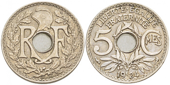 ФРАНЦИЯ 5 САНТИМОВ 1924 ТИП ЛИНДАЙЁ KM 875 медно-никель 3309-1015