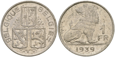 Бельгия 1 франк 1939 BELGIQUE - BELGI? KM 119 никель 210-1155