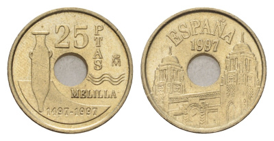 Испания 25 песет 1997 Мелилья (Melilla), Хуан Карлос I (1975-2014) KM 983 алюминиевая бронза UNC 116-767