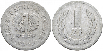 ПОЛЬША 1 ЗЛОТЫЙ 1949 KM 45а алюминий 4448-251