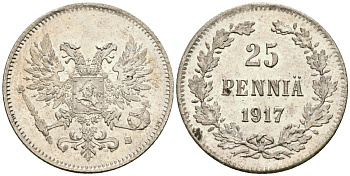 Россия для Финляндии 25 пенни 1917 S, временное правительство, без короны KM 19, Биткин 2 серебро aUNC 4580-1234