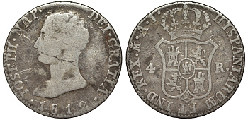 Испания 2 реала 1812 AI, ЖОЗЕФ БОНАПАРТ KM 540.1 (C 90.1) серебро 00-00