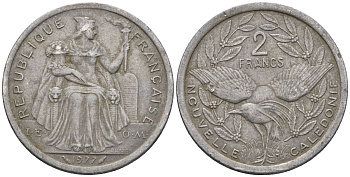 Французская Новая Каледония 2 франка 1977 птица кагу, (IEOM) KM 14, Schoen 11, Lec 58 алюминий    29-1021