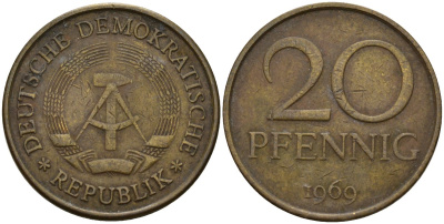 ГДР 20 пфеннигов 1969 A, первый год KM 11 латунь 4187-751