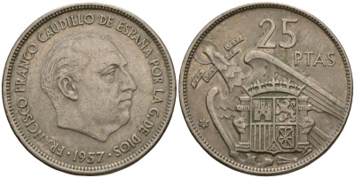 Испания 25 песет 1957 (68) KM 787 медно-никель 92-726