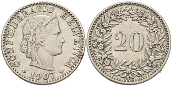 ШВЕЙЦАРИЯ 20 РАППЕНОВ 1907 В KM 29 никель 4513-245
