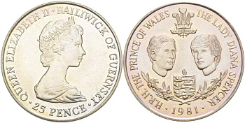Гернси 25 пенсов 1981 свадьба принца Чарльза Уэльского и леди Дианы KM 36 медно-никель UNC 4527-521